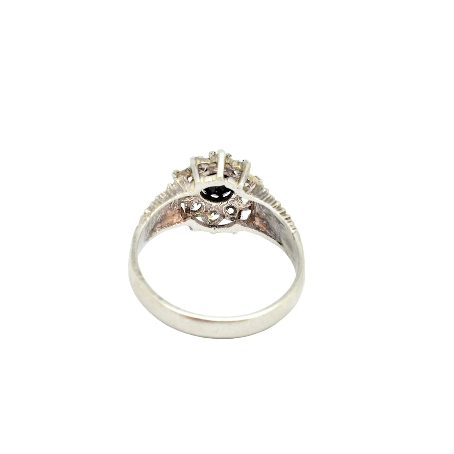 Sterling silver sapphire flower halo cluster ring in Brutalist style, size P