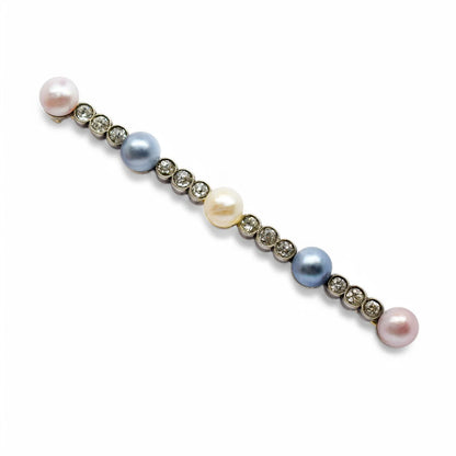 Belle Époque style 14 kt gold brooch set with Old European cut diamonds and pearls