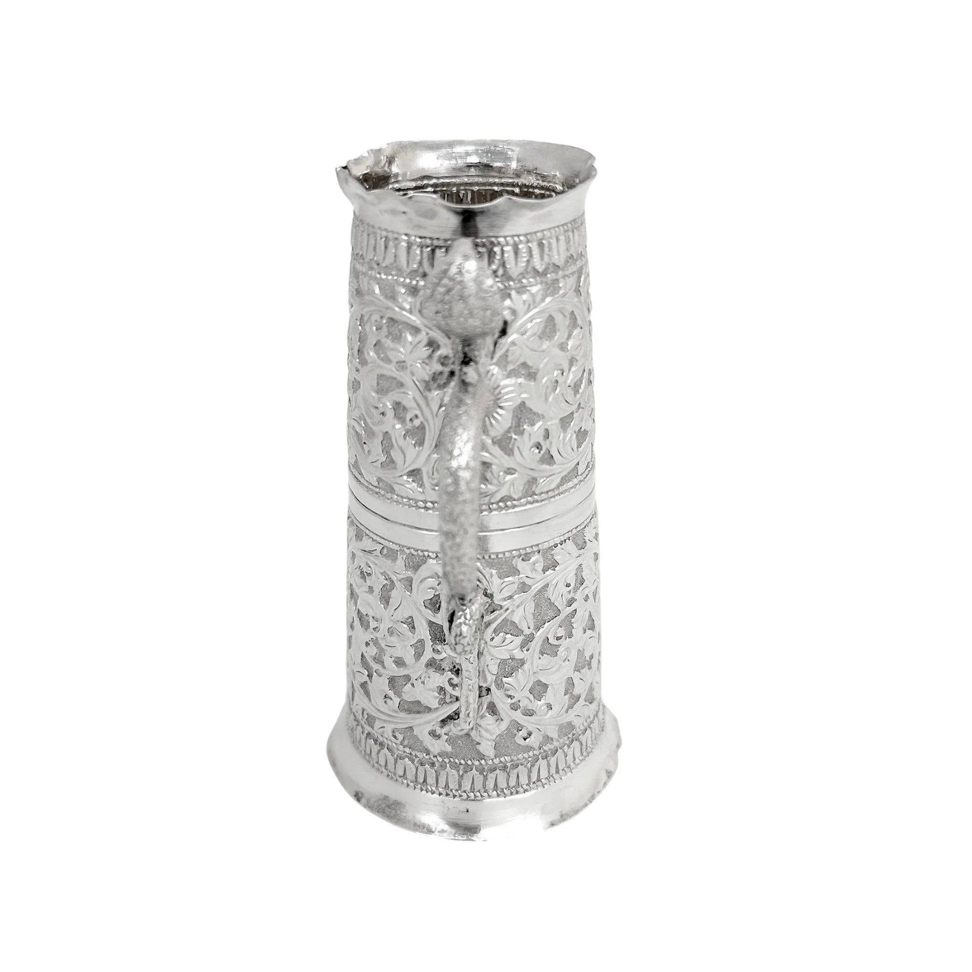 Indian Kutch silver double spirit measure cup with snake handle and flower embossing