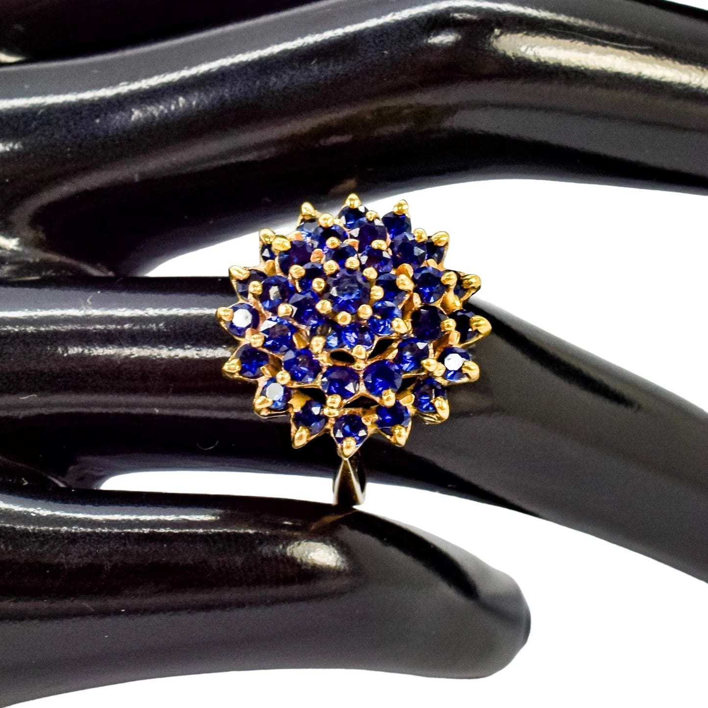 Vintage 9ct yellow gold tiered cluster 37 sapphire statement ring, size L