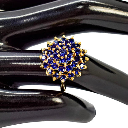 Vintage 9ct yellow gold tiered cluster 37 sapphire statement ring, size L