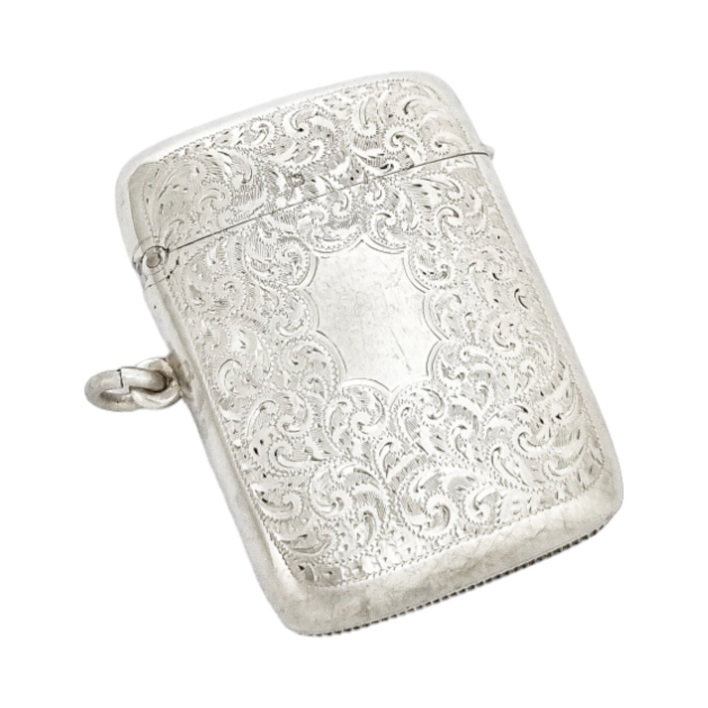 George V  large gilt sterling silver vesta case with vacant cartouche and engraved scrolls