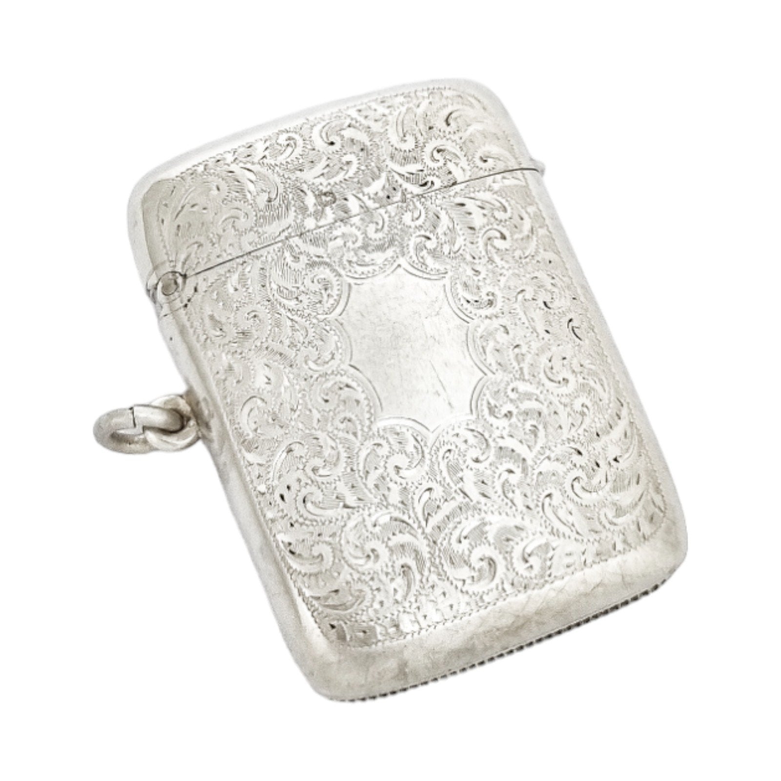 George V  large gilt sterling silver vesta case with vacant cartouche and engraved scrolls