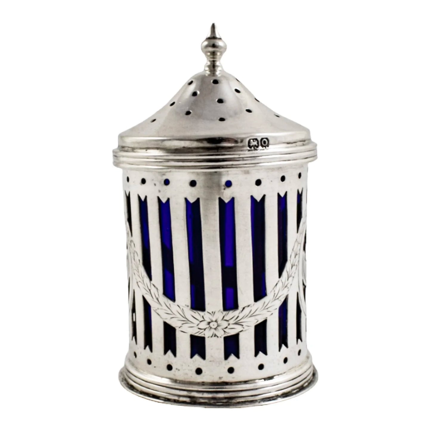 Neoclassical urn sterling silver Bristol glass pepper shaker / sugar caster/ muffineer