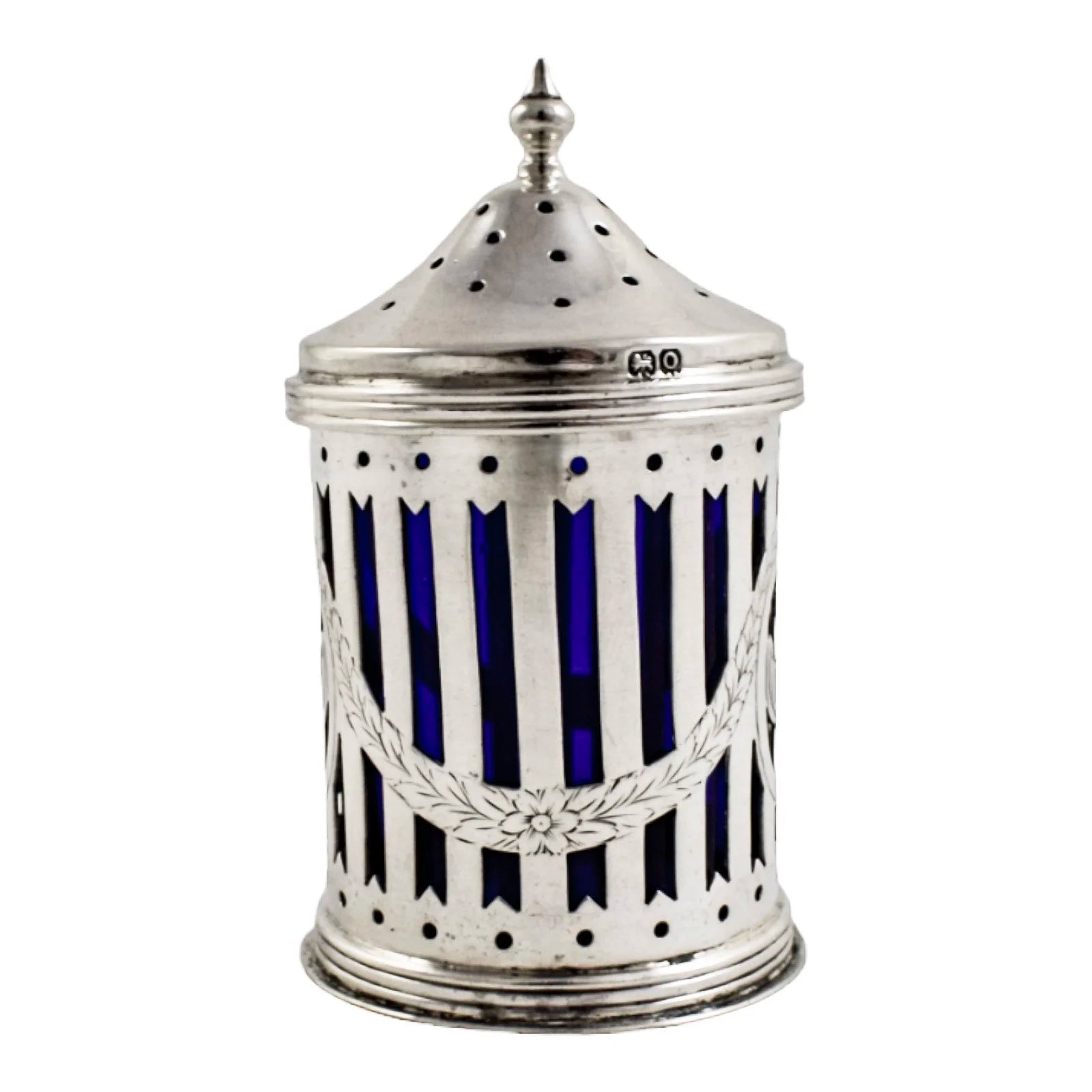 Neoclassical urn sterling silver Bristol glass pepper shaker / sugar caster/ muffineer
