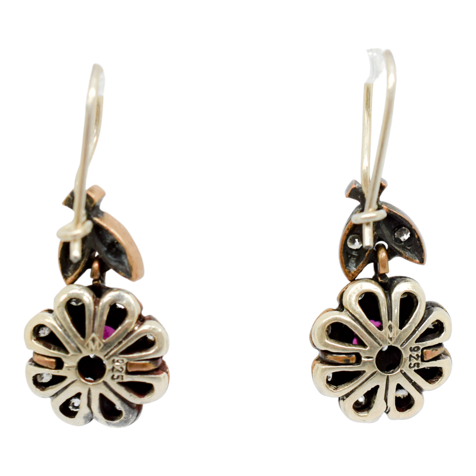 Renaissance style large sterling silver cluster floral drop earrings, ruby and paste