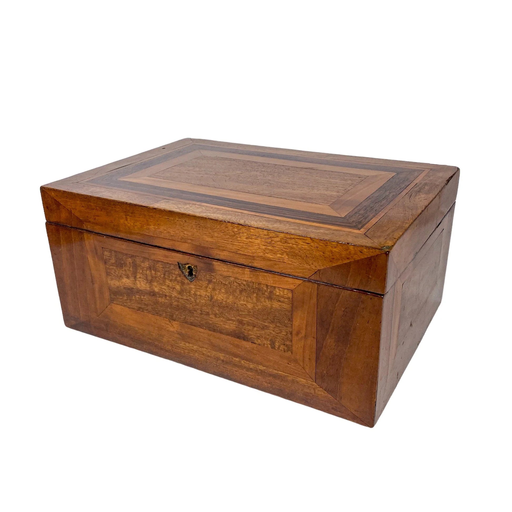 Victorian jewellery keepsake / work box with geometric marquetry inlay