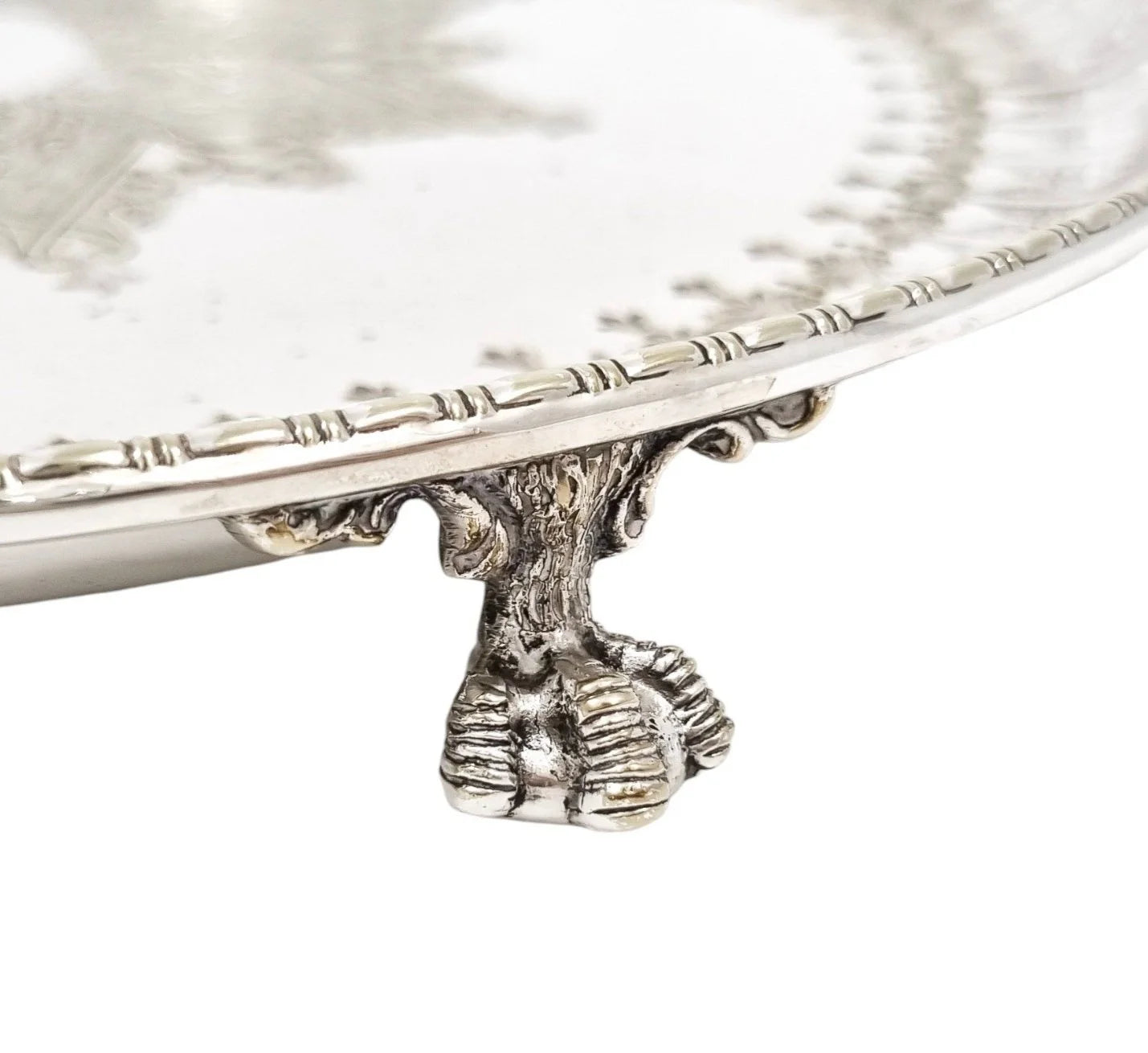 Victorian Walker & Hall silver plated Neoclassical tray on bird claw feet, engraved leaves and scrolls