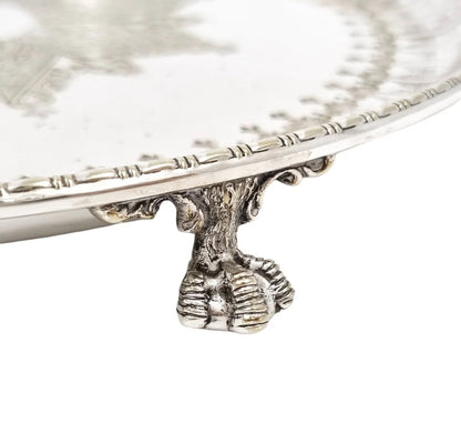 Victorian Walker & Hall silver plated Neoclassical tray on bird claw feet, engraved leaves and scrolls