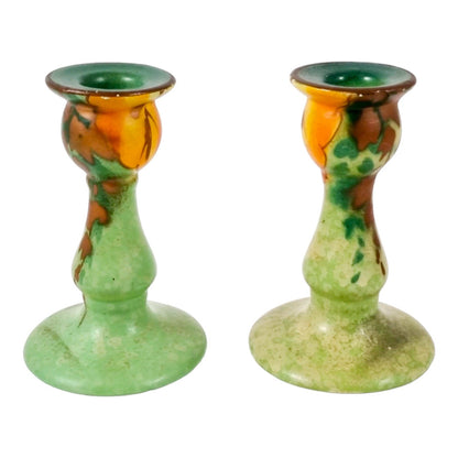 Studio Pottery green chamberstick and 2 matching candlesticks decorated with autumn oak leaves
