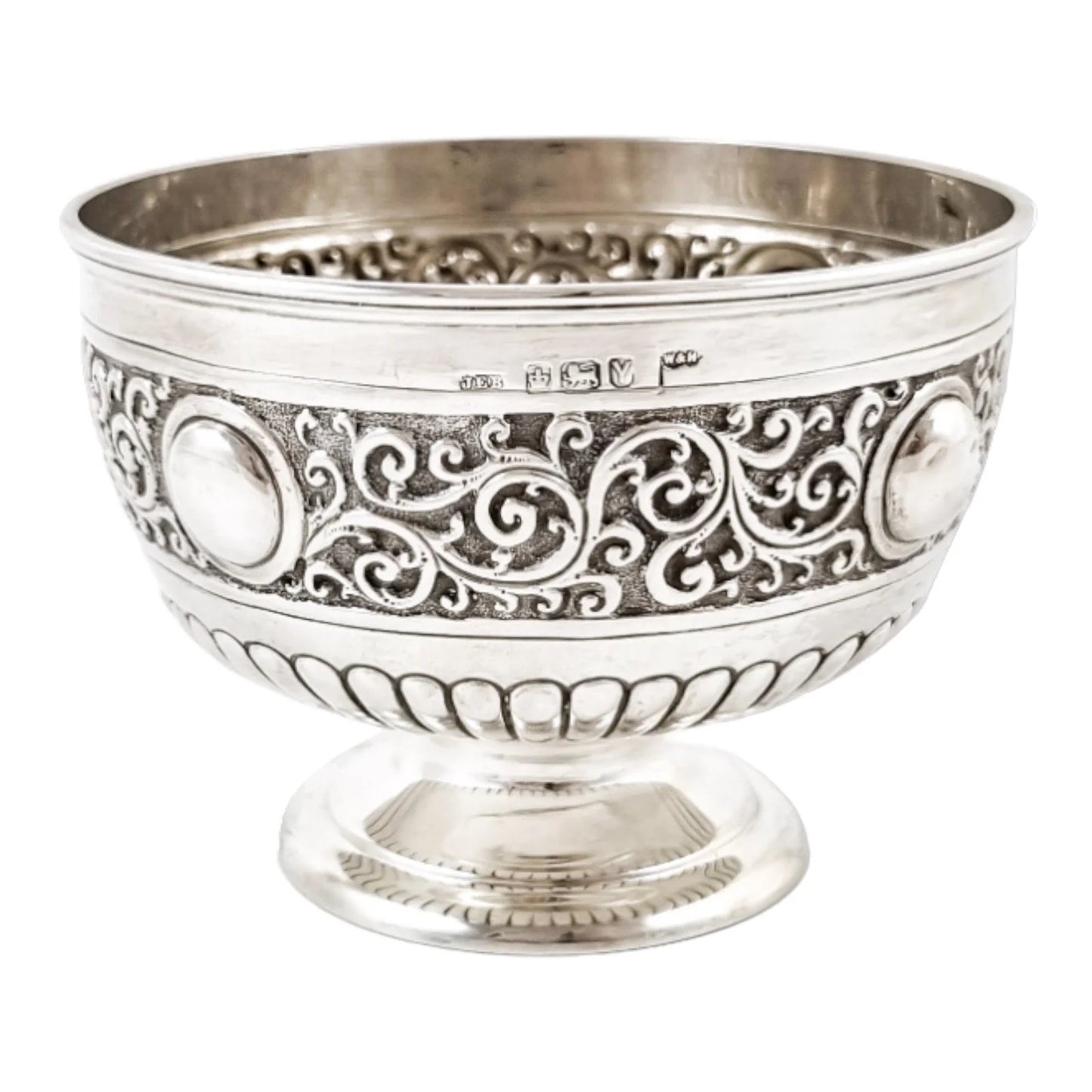 Victorian large sterling silver sugar /candy bowl embossed with scrolls, Walker & Hall