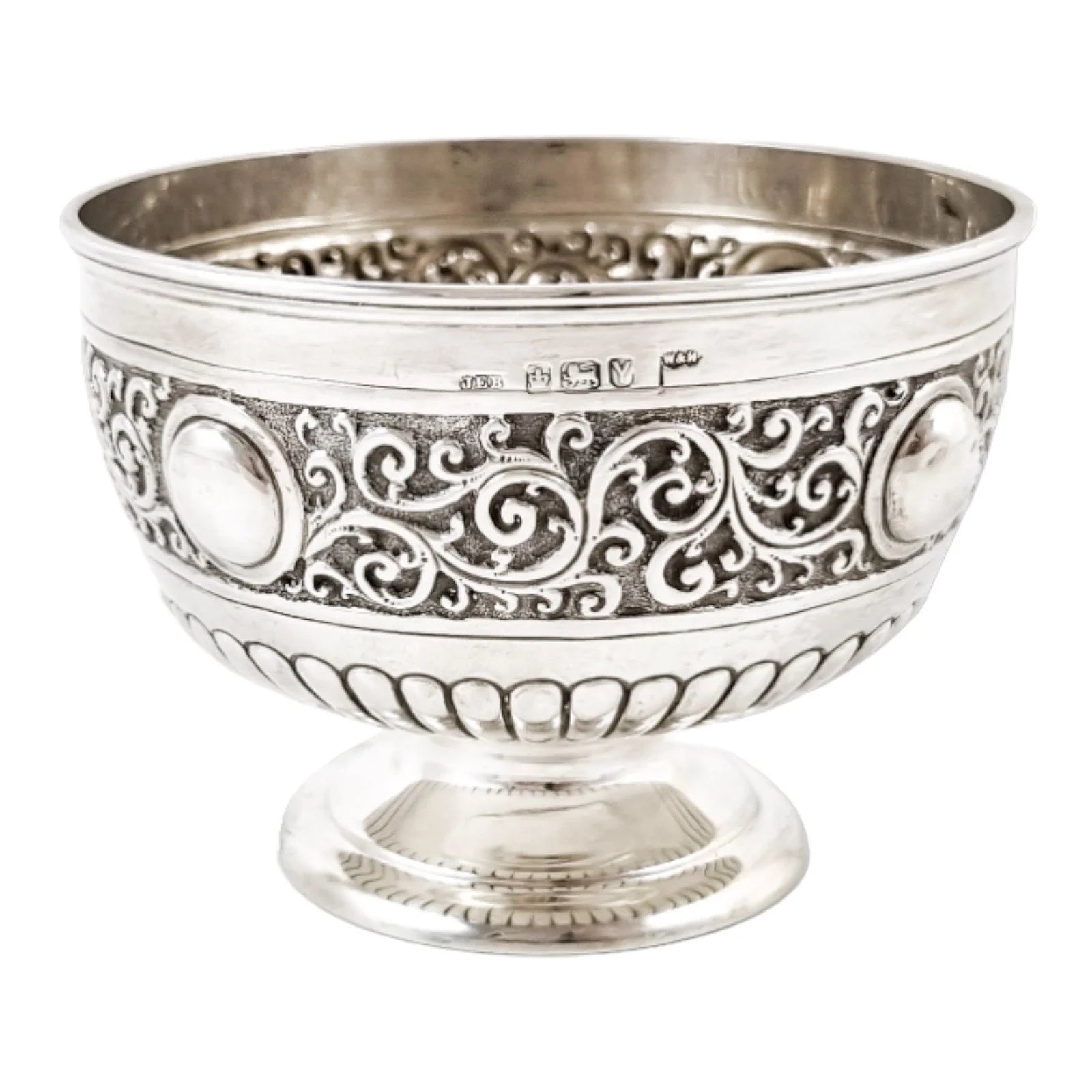Victorian large sterling silver sugar /candy bowl embossed with scrolls, Walker & Hall