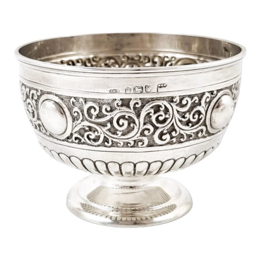 Victorian large sterling silver sugar /candy bowl embossed with scrolls, Walker & Hall