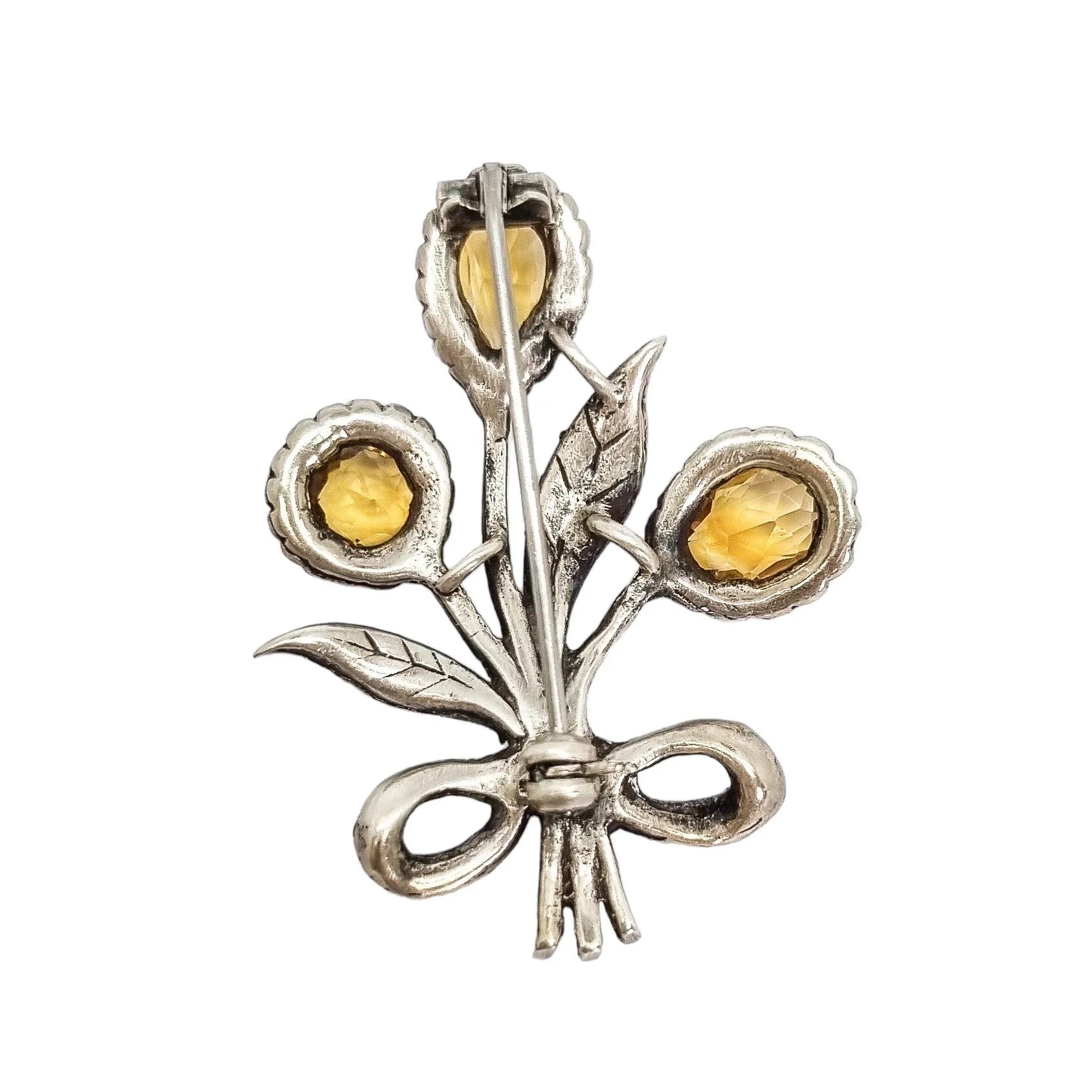 Art Deco sterling silver citrine floral spray brooch with marcasites