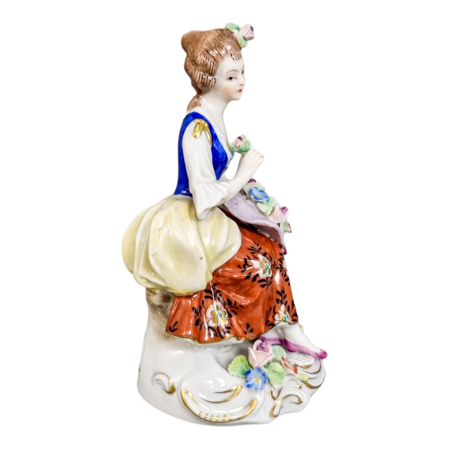 Sitzendorf porcelain figurine young girl with flower hat on tree stump