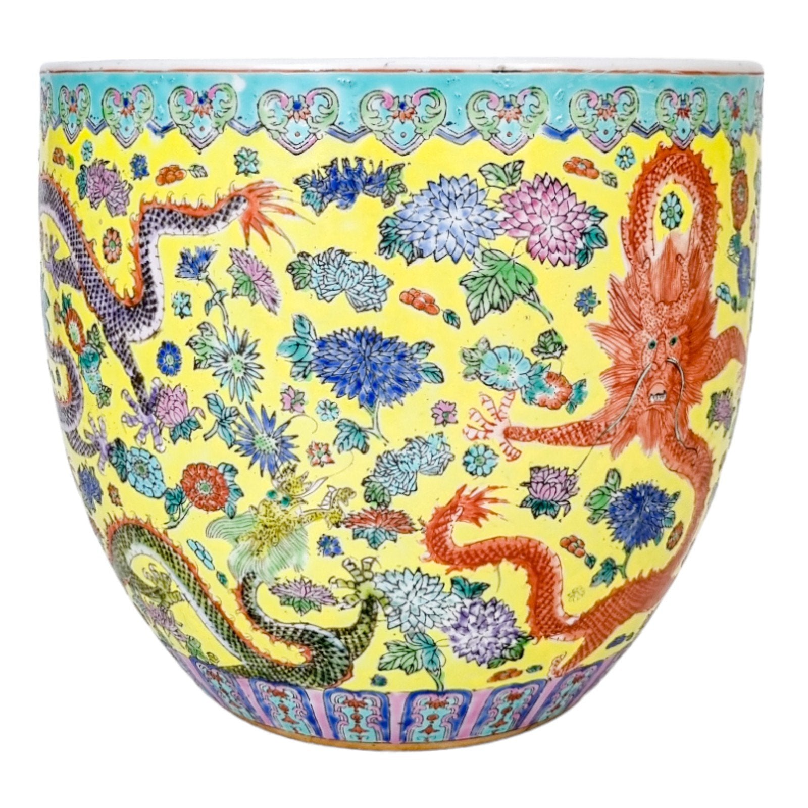 Large Chinese famille jaune porcelain jardinière with dragons and chrysanthemum flowers