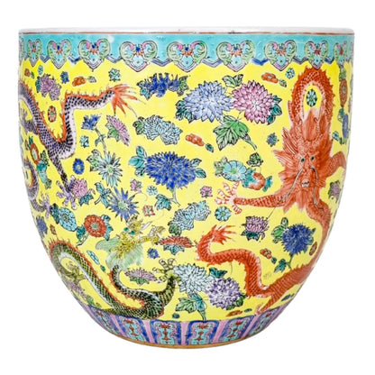 Large Chinese famille jaune porcelain jardinière with dragons and chrysanthemum flowers
