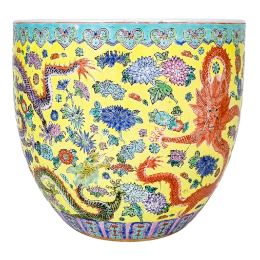 Large Chinese famille jaune porcelain jardinière with dragons and chrysanthemum flowers