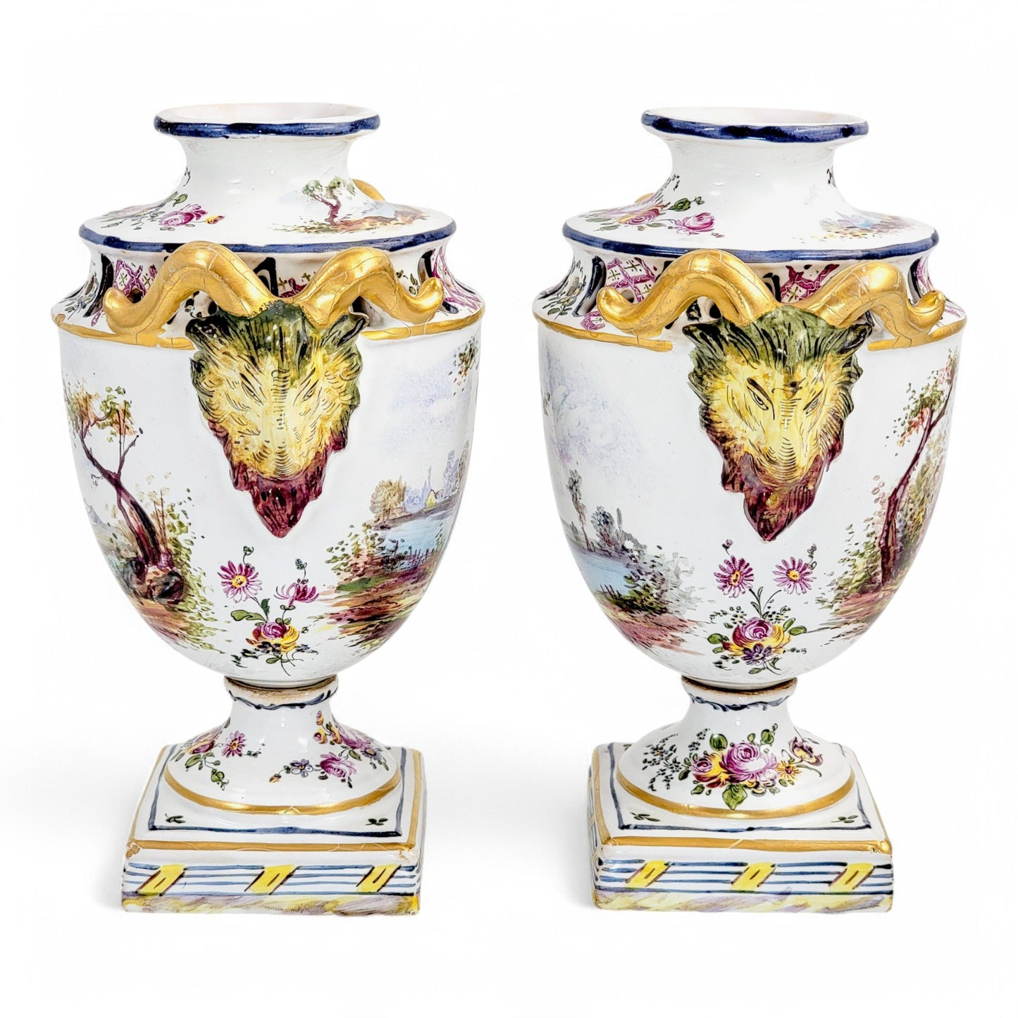 Rare 18th century French faience urns by Veuve Perrin with hand-painted pastoral scenes in Rococo style
