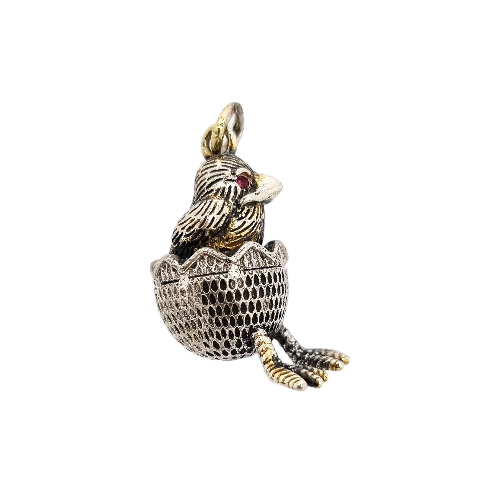Russian 84 silver gilt egg chick hatching pendant with ruby eyes