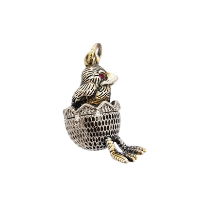 Russian 84 silver gilt egg chick hatching pendant with ruby eyes