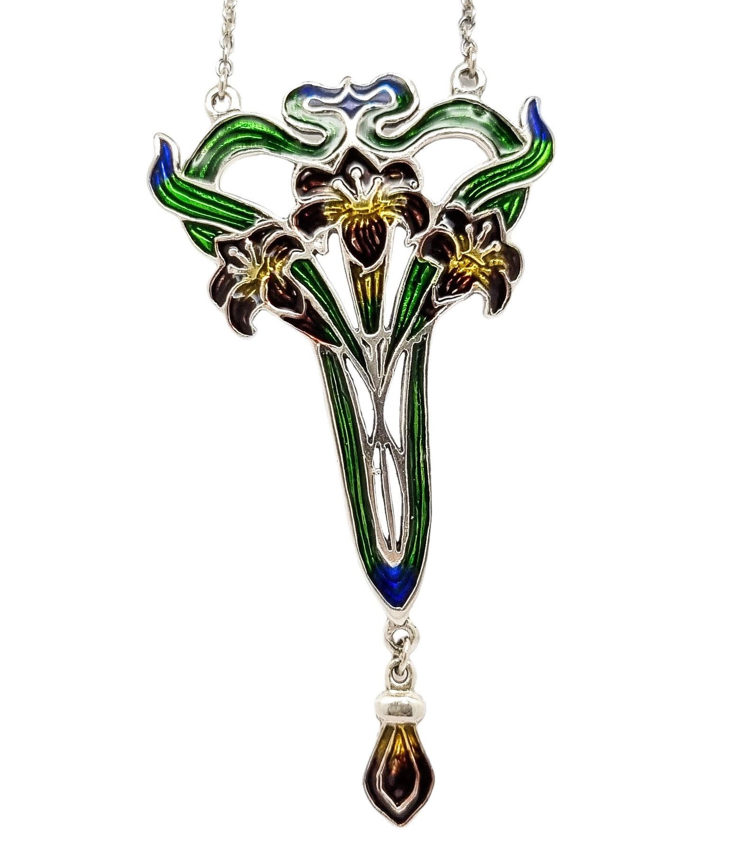 Art Nouveau sterling silver enamel floral pendant necklace