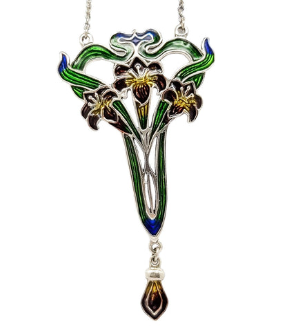 Art Nouveau sterling silver enamel floral pendant necklace