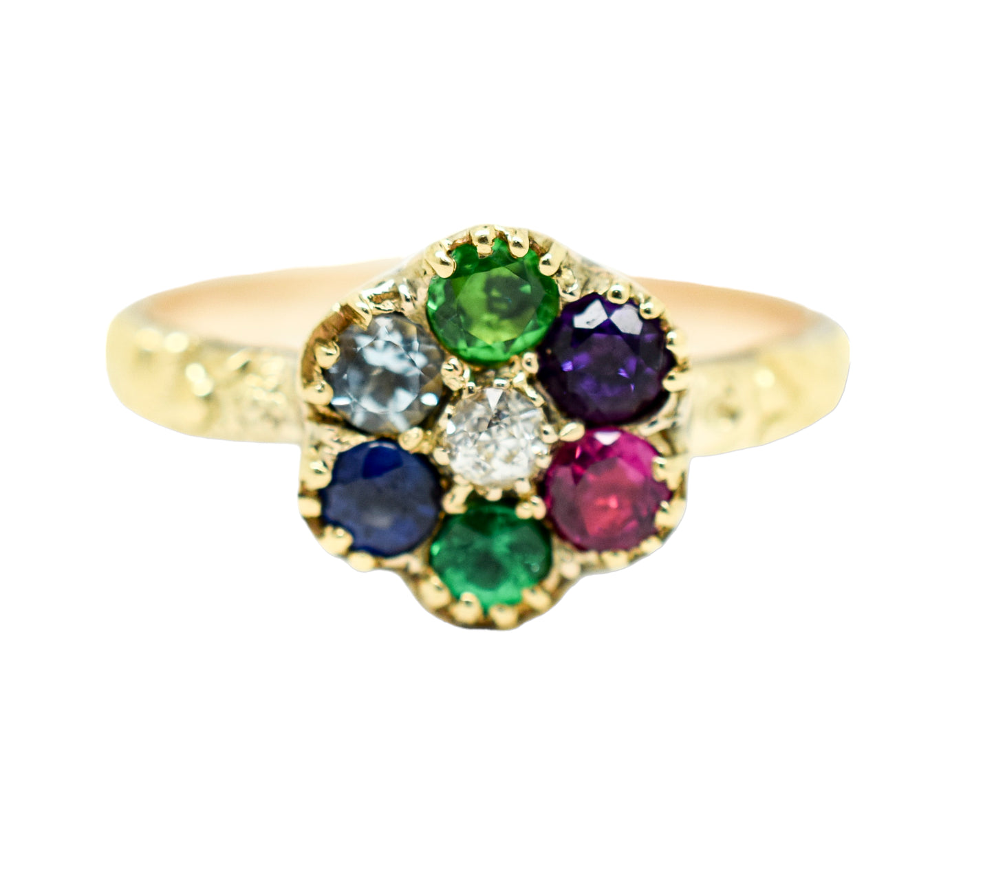 "DEAREST" acrostic Victorian daisy cluster ring (Diamond, Emerald, Amethyst, Ruby, Emerald, Sapphire, Topaz), size M