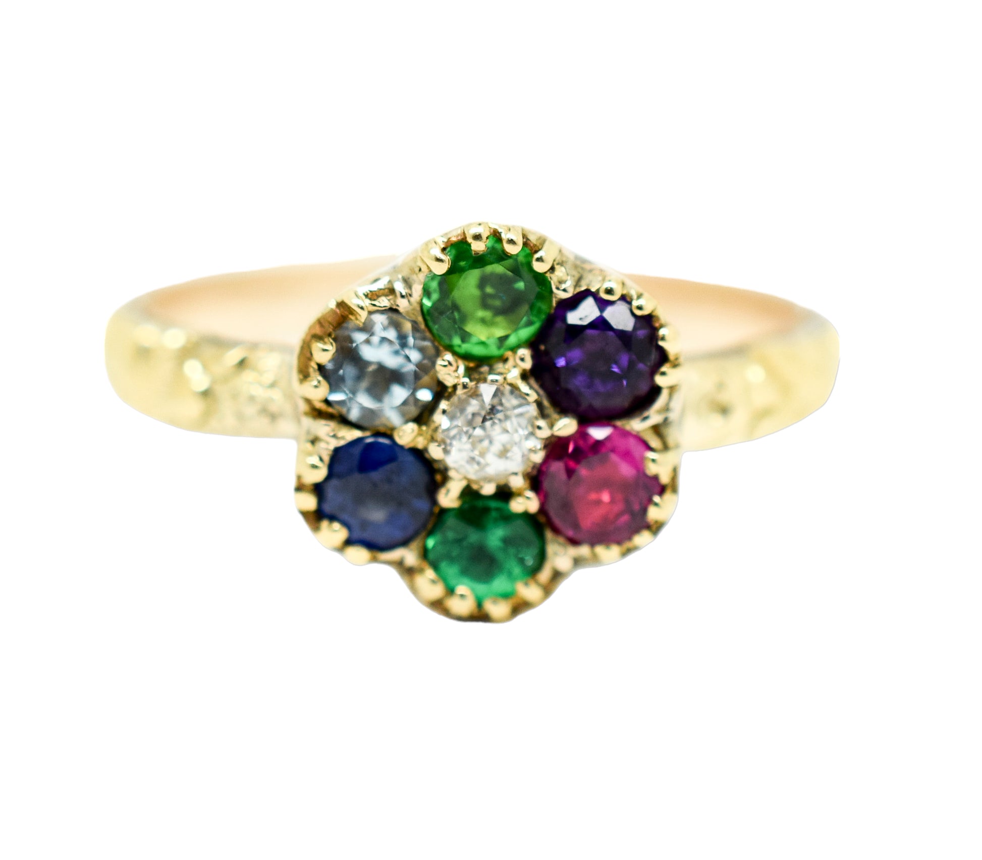 "DEAREST" acrostic Victorian daisy cluster ring (Diamond, Emerald, Amethyst, Ruby, Emerald, Sapphire, Topaz), size M