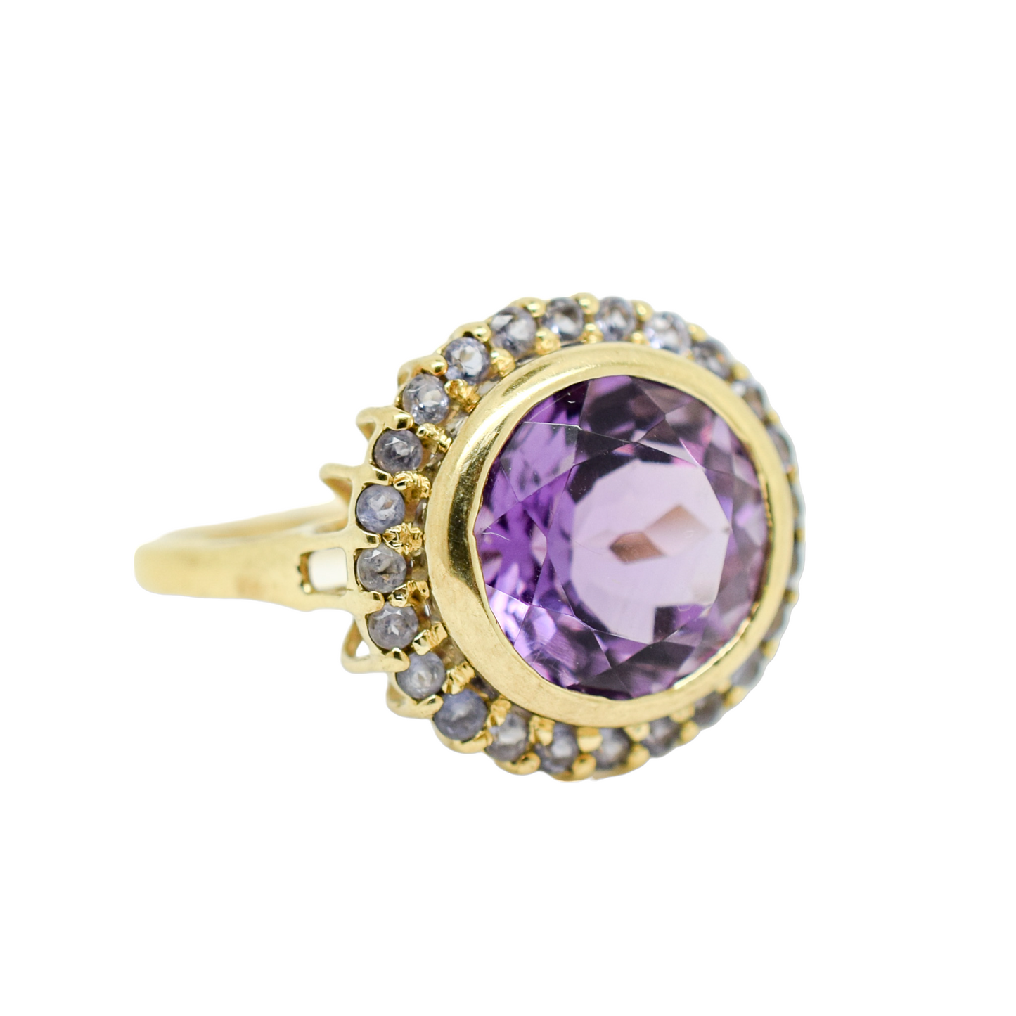 Vintage 5ct amethyst and topaz round-cut statement ring in 9ct yellow gold, size N