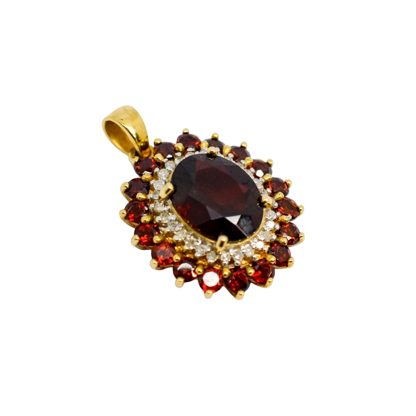Vintage 9ct gold pendant with oval garnet, diamond halo, and garnet cluster