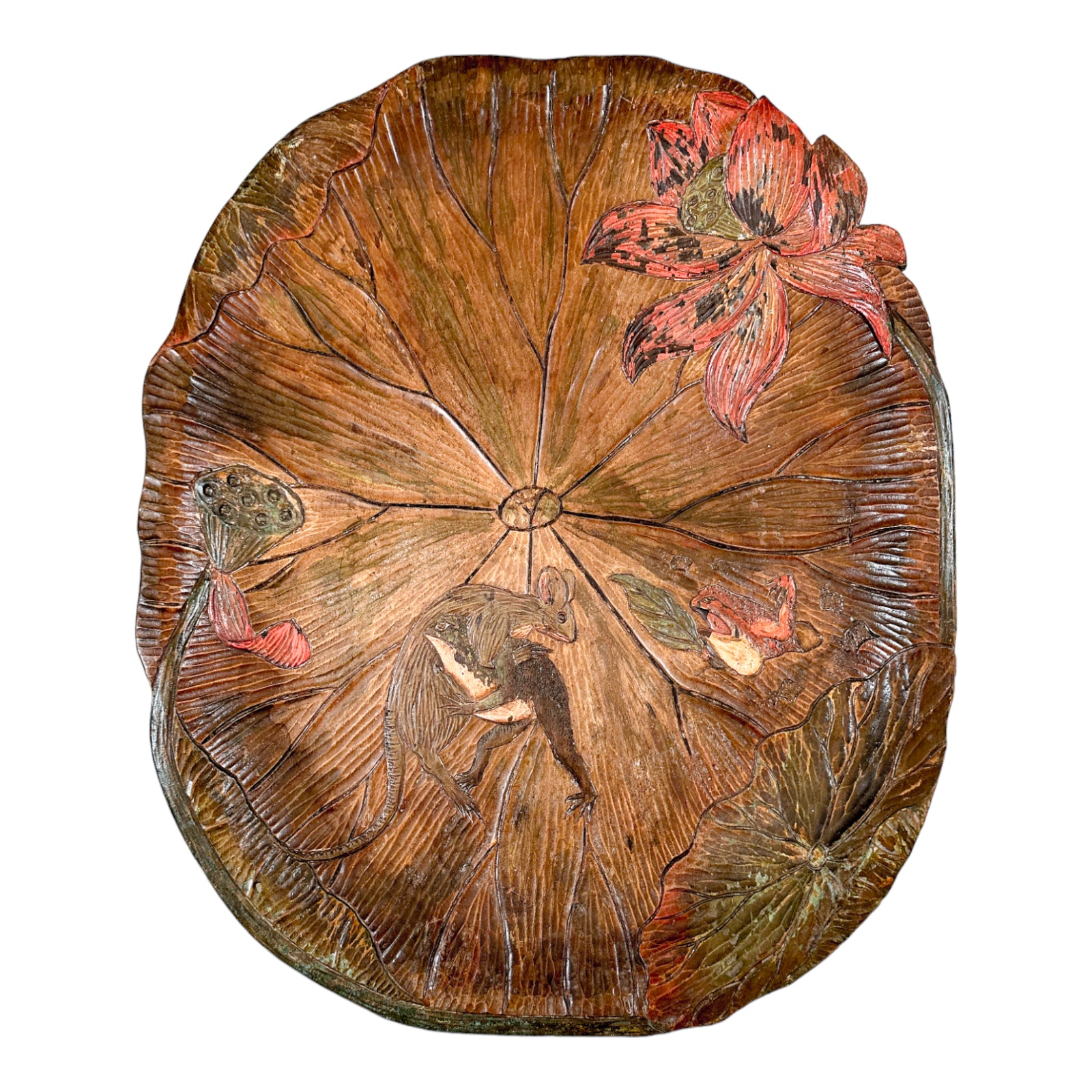 Japanese Arts & Crafts fruitwood sake tray for Liberty of London, frog wrestling a mouse