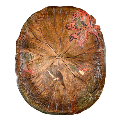 Japanese Arts & Crafts fruitwood sake tray for Liberty of London, frog wrestling a mouse