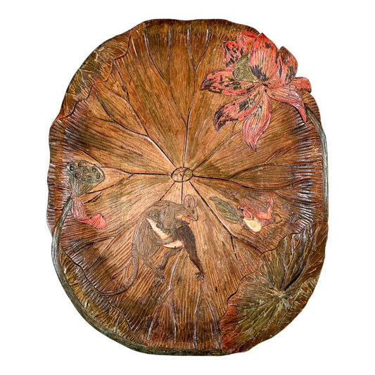 Japanese Arts & Crafts fruitwood sake tray for Liberty of London, frog wrestling a mouse