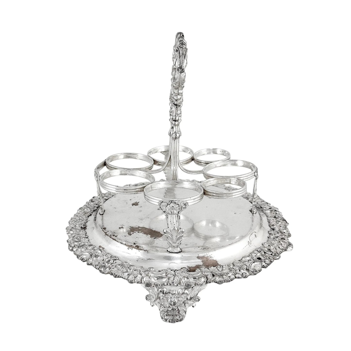 George III Old Sheffield silver plate cruet stand for 7 bottles, raised on paw feet