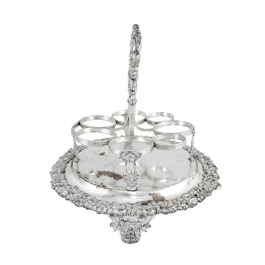 George III Old Sheffield silver plate cruet stand for 7 bottles, raised on paw feet