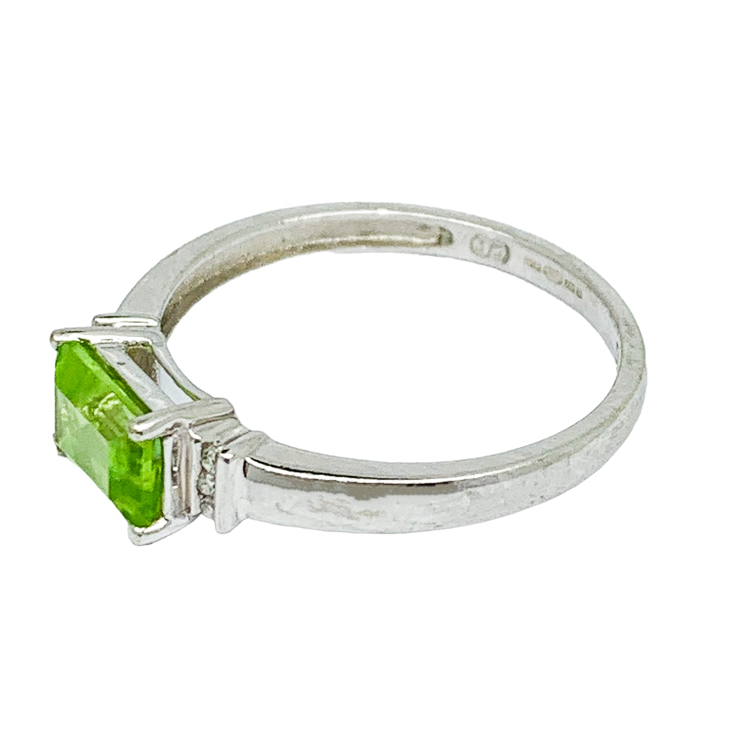 Art Deco style 9ct white gold baguette peridot and diamond dress ring, size O