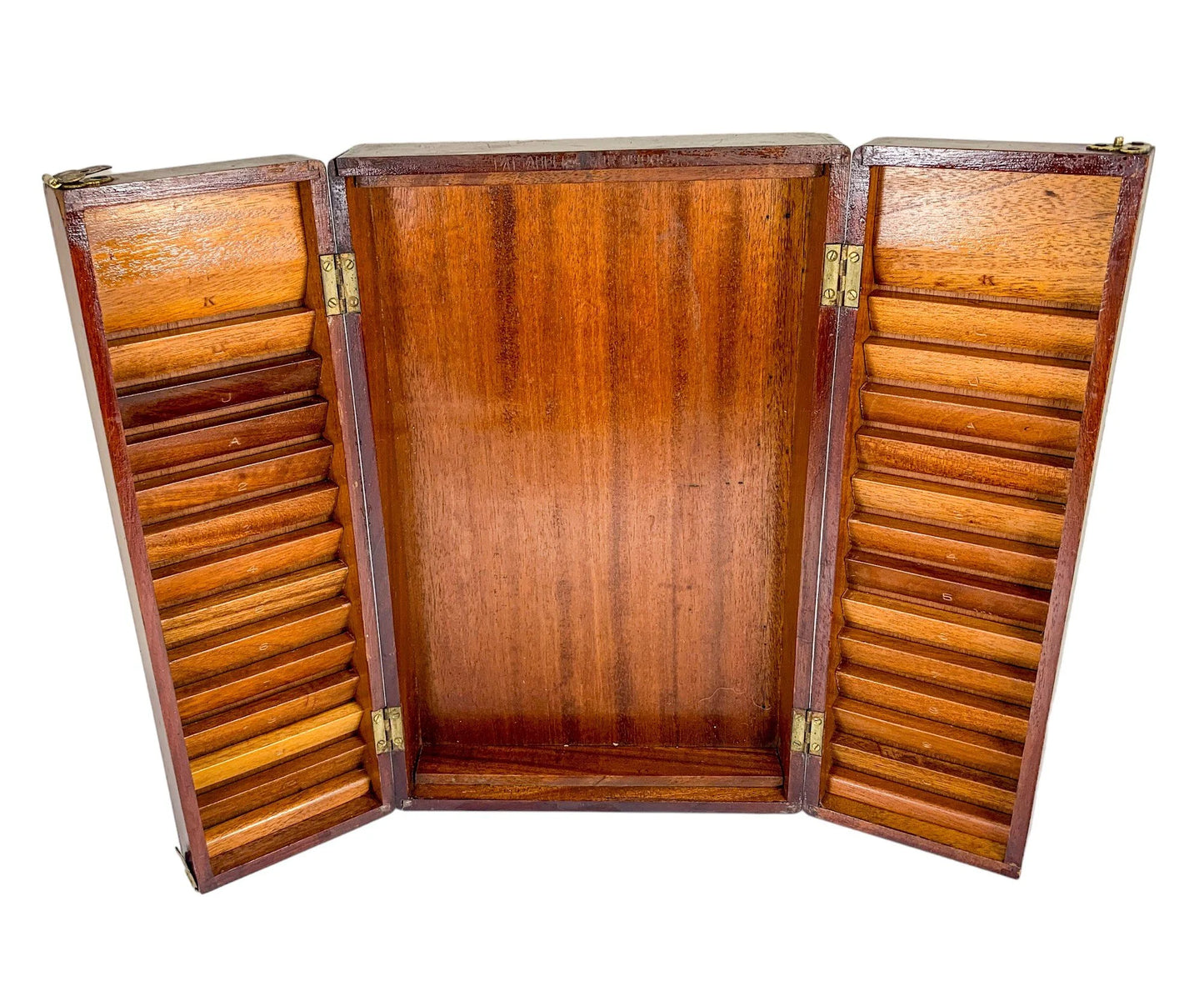 Wooden Victorian portable travelling campaign folding card table with labelled card slots