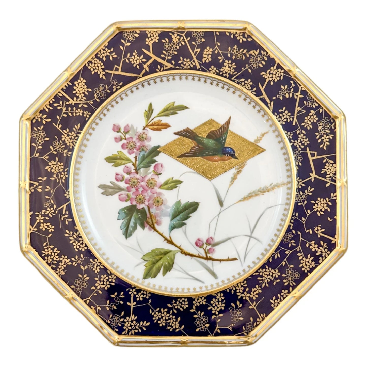 Aesthetic Movement octagonal Wedgwood porcelain plate, gilt floral and bird design