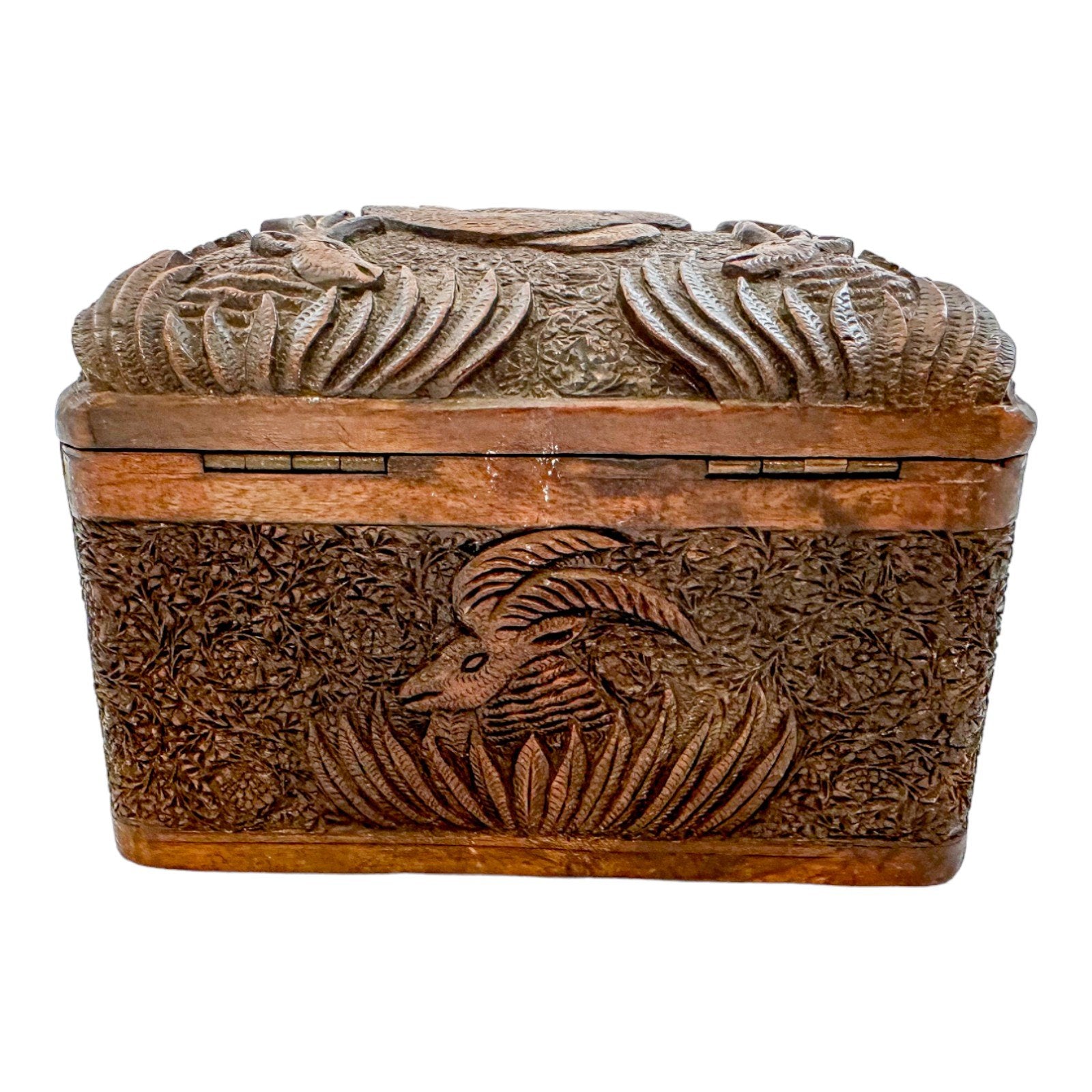 Antique Anglo-Indian carved sandalwood cigarette holder, dispensing box