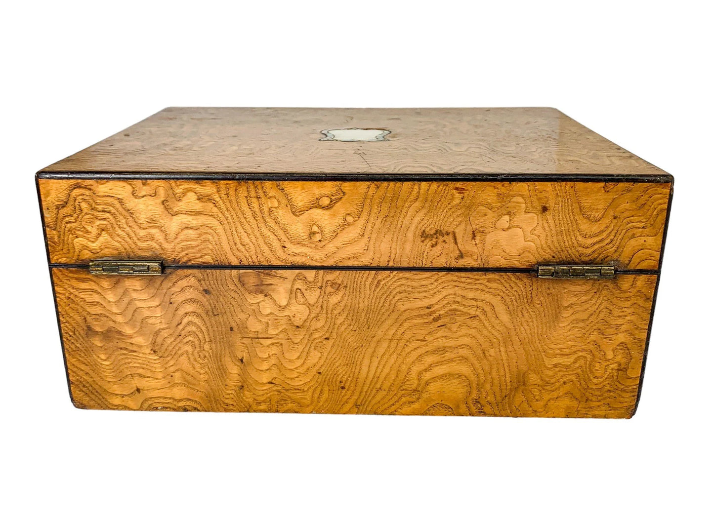 Victorian burr walnut jewellery workbox with lift-out tray and mother of pearl escutcheon