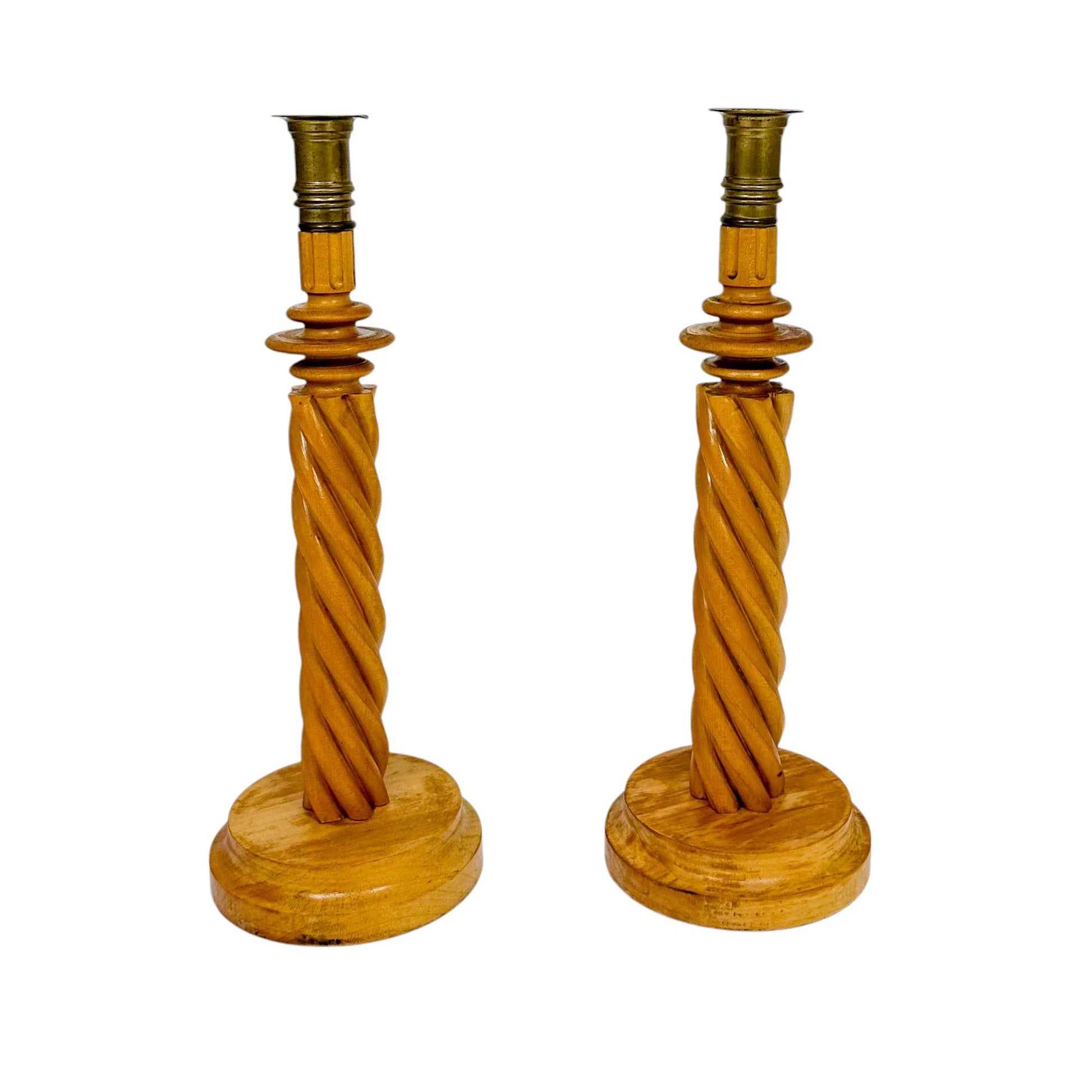 Vintage pair of pine French barley twist tall candleholders