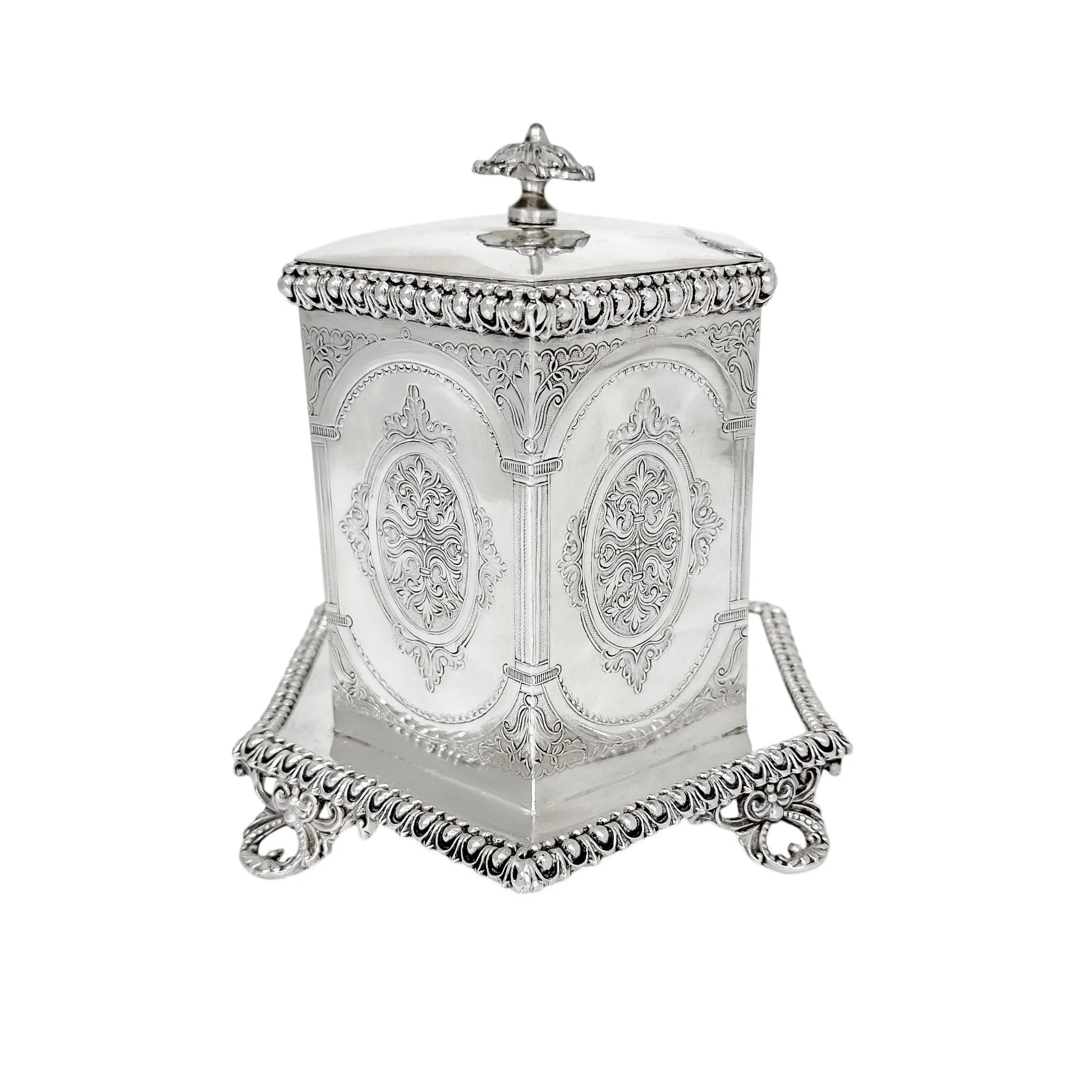 Victorian Neoclassical 6-sided silver-plated biscuit barrel on cast feet with egg-and-dart trim