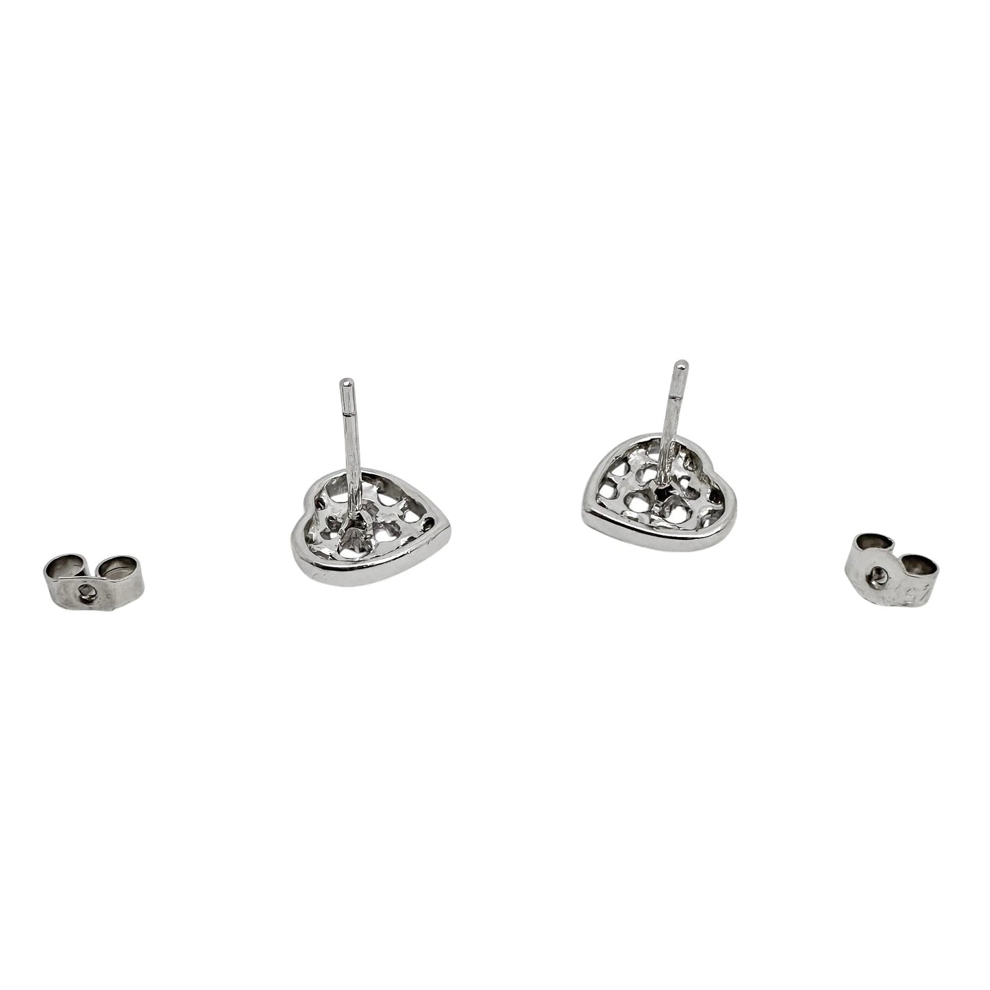 Vintage 9ct white gold openwork heart stud earrings with beaded design