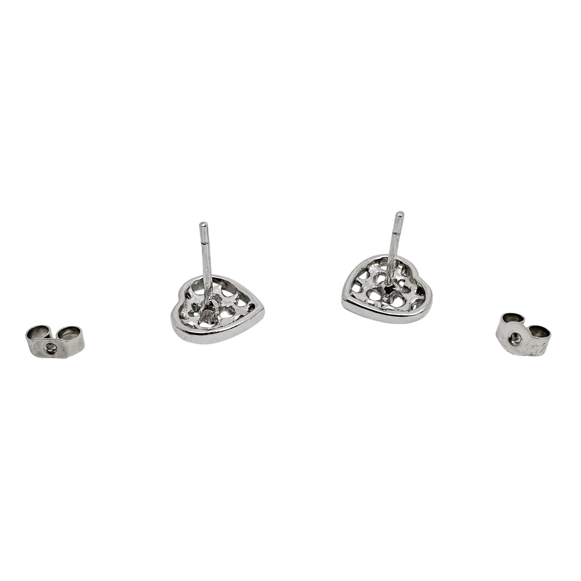 Vintage 9ct white gold openwork heart stud earrings with beaded design