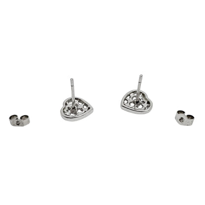 Vintage 9ct white gold openwork heart stud earrings with beaded design