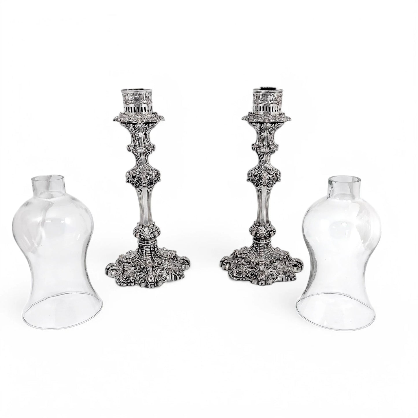 1790's Old Sheffield plate tall candlesticks with hurricane glass shades