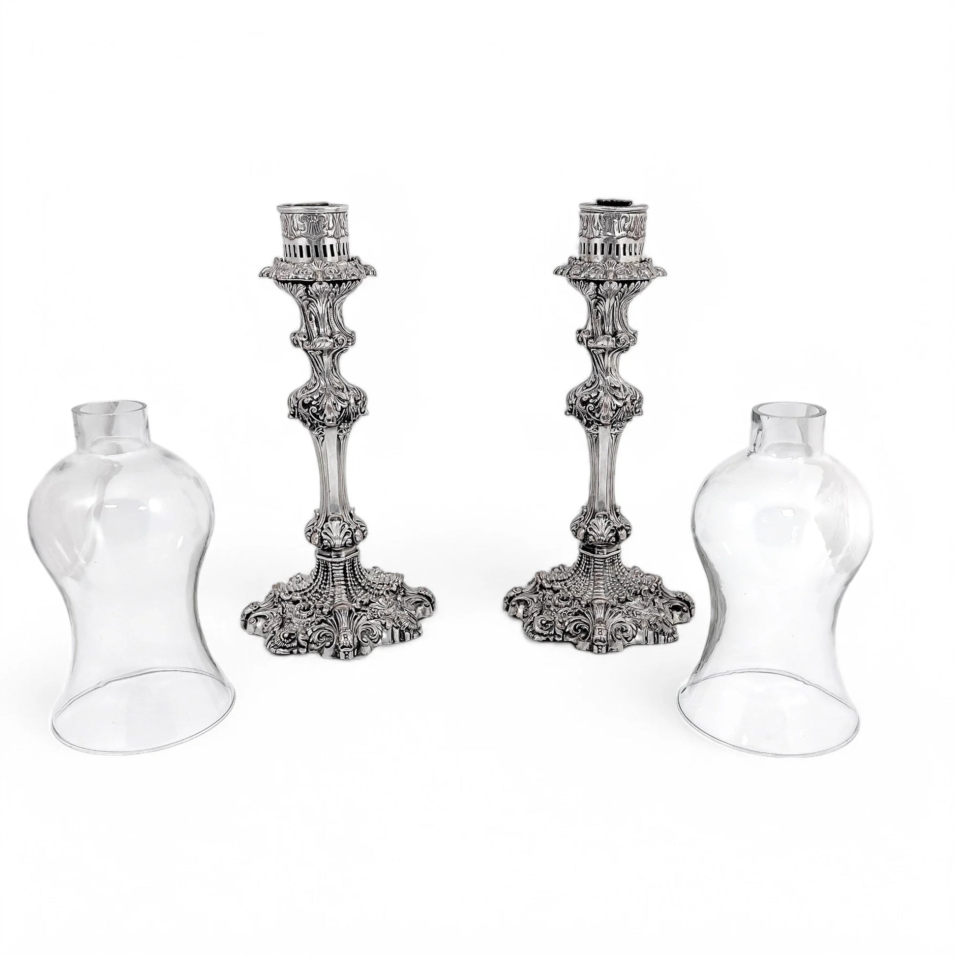 1790's Old Sheffield plate tall candlesticks with hurricane glass shades
