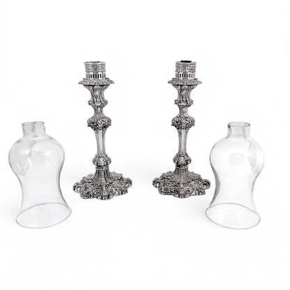 1790's Old Sheffield plate tall candlesticks with hurricane glass shades