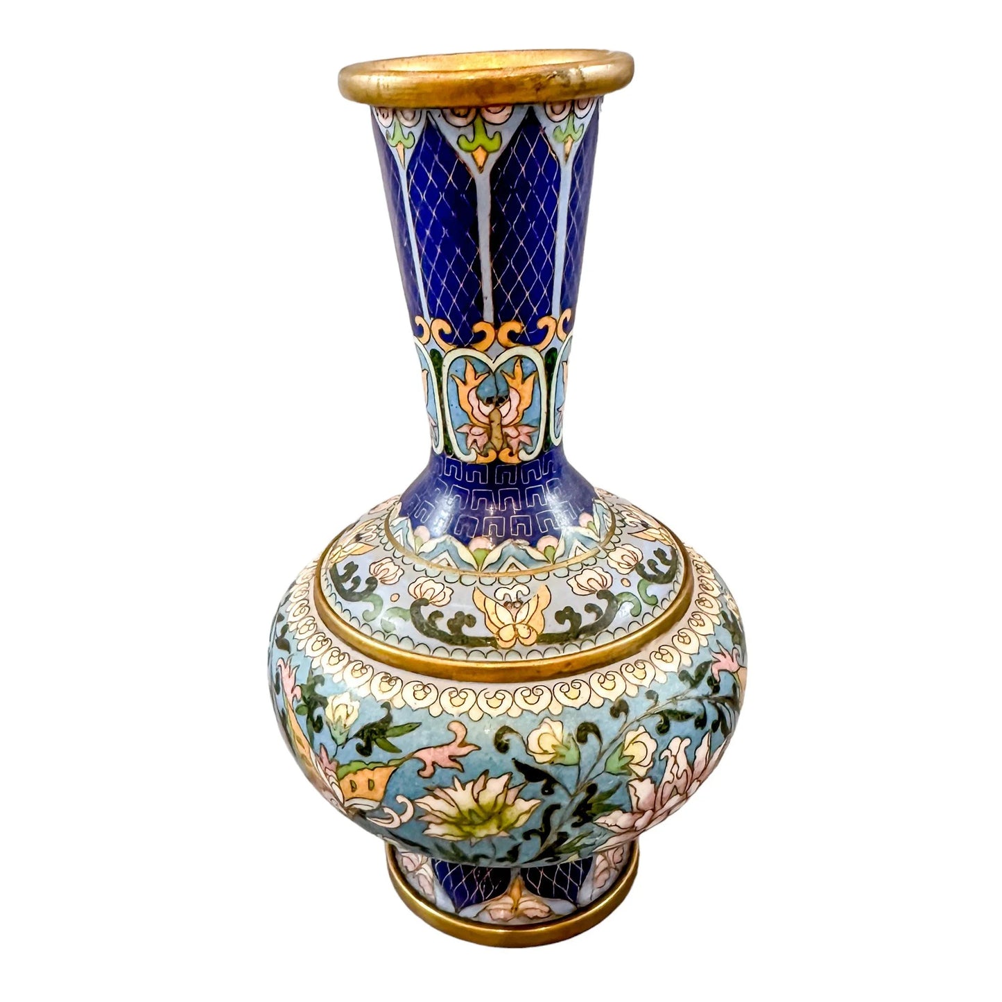 Chinese Republic blue cloisonné enamel and bronze butterfly and floral vase